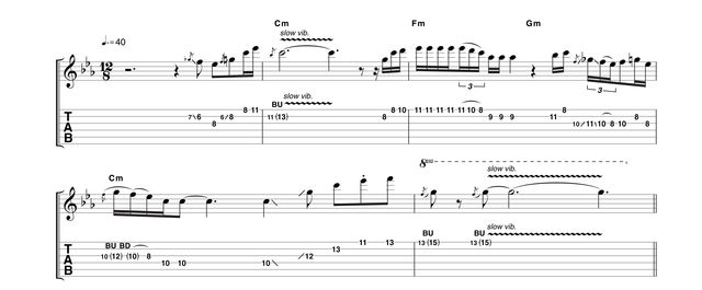 blank Using the neck pickup and minimal distortion, this phrase features a 'pick-up' bar, before the held, slow vibrato of the first note 'proper'. Treat the notation as a guide for the timing, but allow certain phrases to lag behind or race ahead of the beat as you deem appropriate.